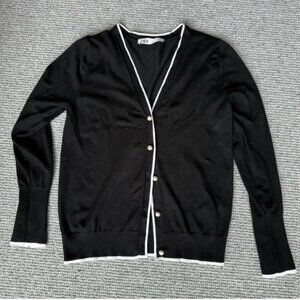 Zara Black Cardigan Pearl Button Down White Trim L